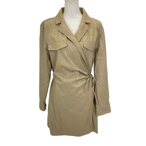 ❣️🎉HP🎉❣️Zara Blogger Favorite Faux Leather Wrap Dress XL Taupe/Tan - Picture 4 of 15